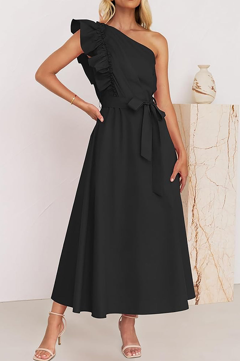 Heidi-Mode | Süß Elegant Fest Solid Bandage Stringy Saum Schräger Kragen A Linie Kleider- 5 Farben