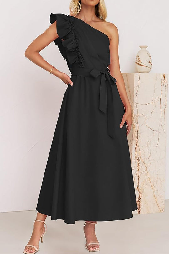 Heidi-Mode | Süß Elegant Fest Solid Bandage Stringy Saum Schräger Kragen A Linie Kleider- 5 Farben