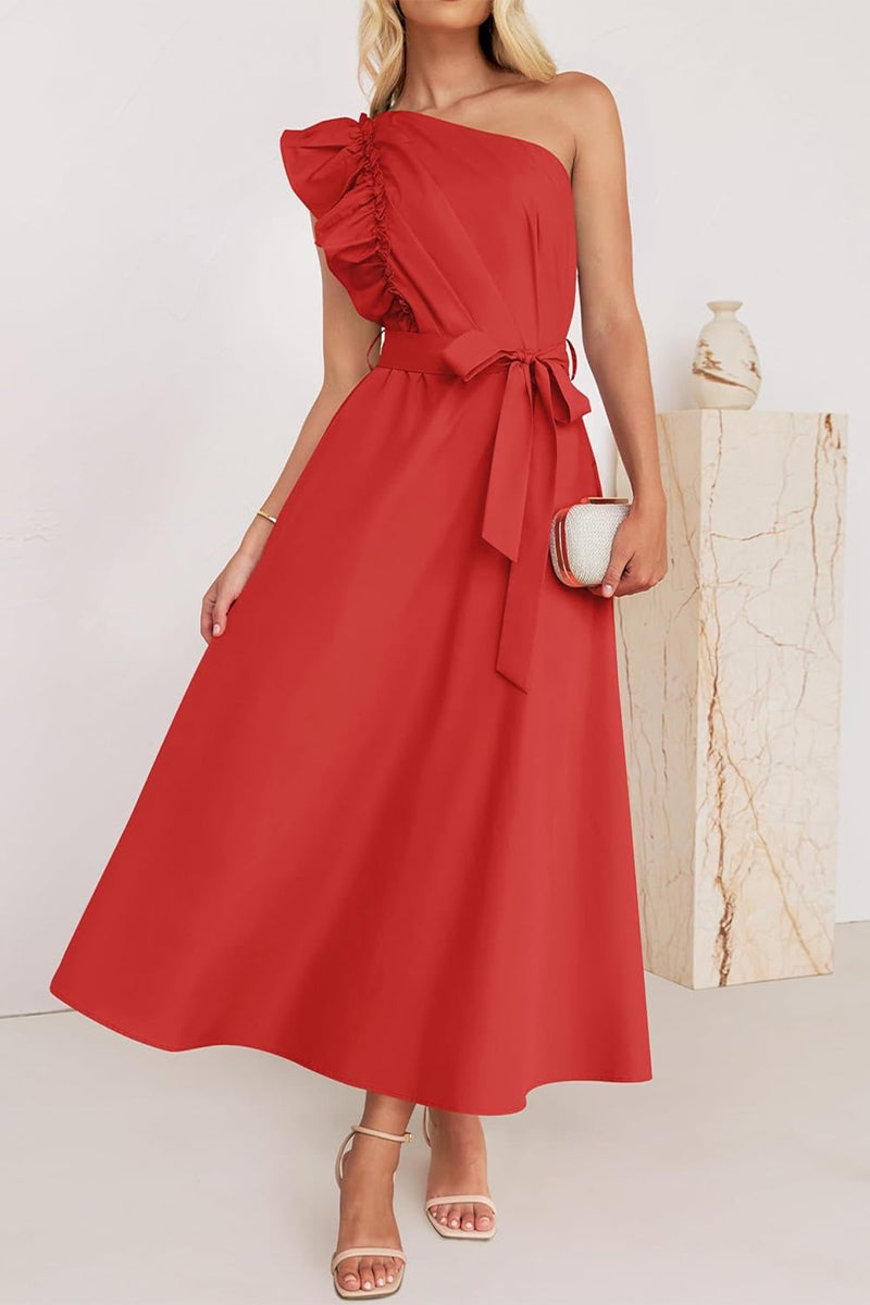 Heidi-Mode | Süß Elegant Fest Solid Bandage Stringy Saum Schräger Kragen A Linie Kleider- 5 Farben