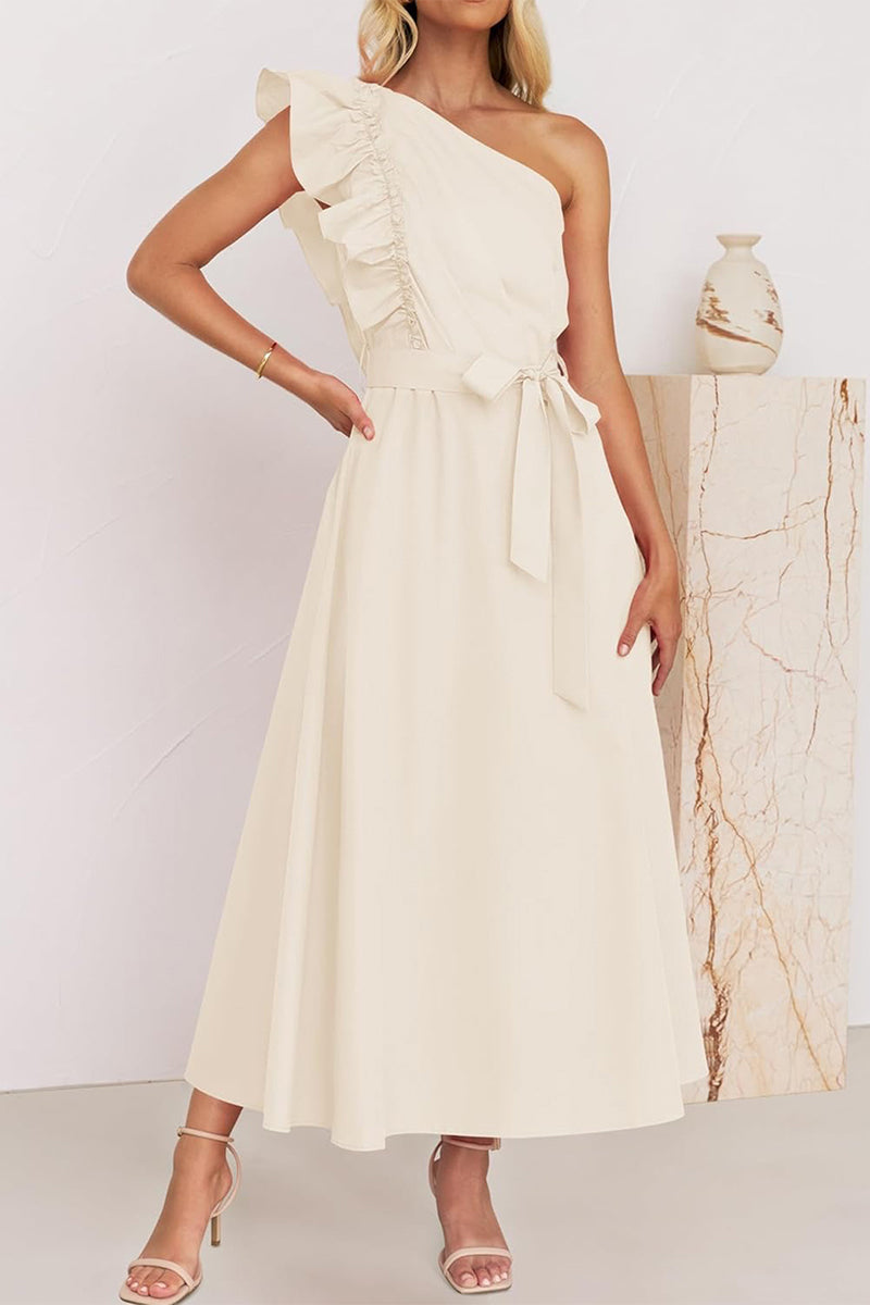 Heidi-Mode | Süß Elegant Fest Solid Bandage Stringy Saum Schräger Kragen A Linie Kleider- 5 Farben