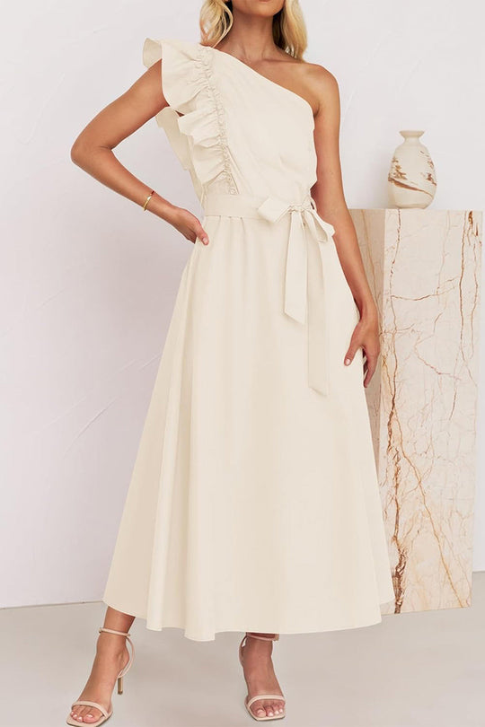 Heidi-Mode | Süß Elegant Fest Solid Bandage Stringy Saum Schräger Kragen A Linie Kleider- 5 Farben