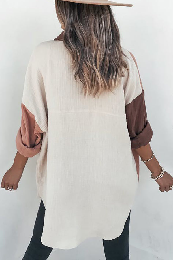 Heidi-Mode | Farbblock Texturoberknopfs Hemd mit Tasche