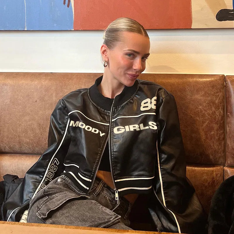 Kunstlederjacke mit Grafikdruck für Damen