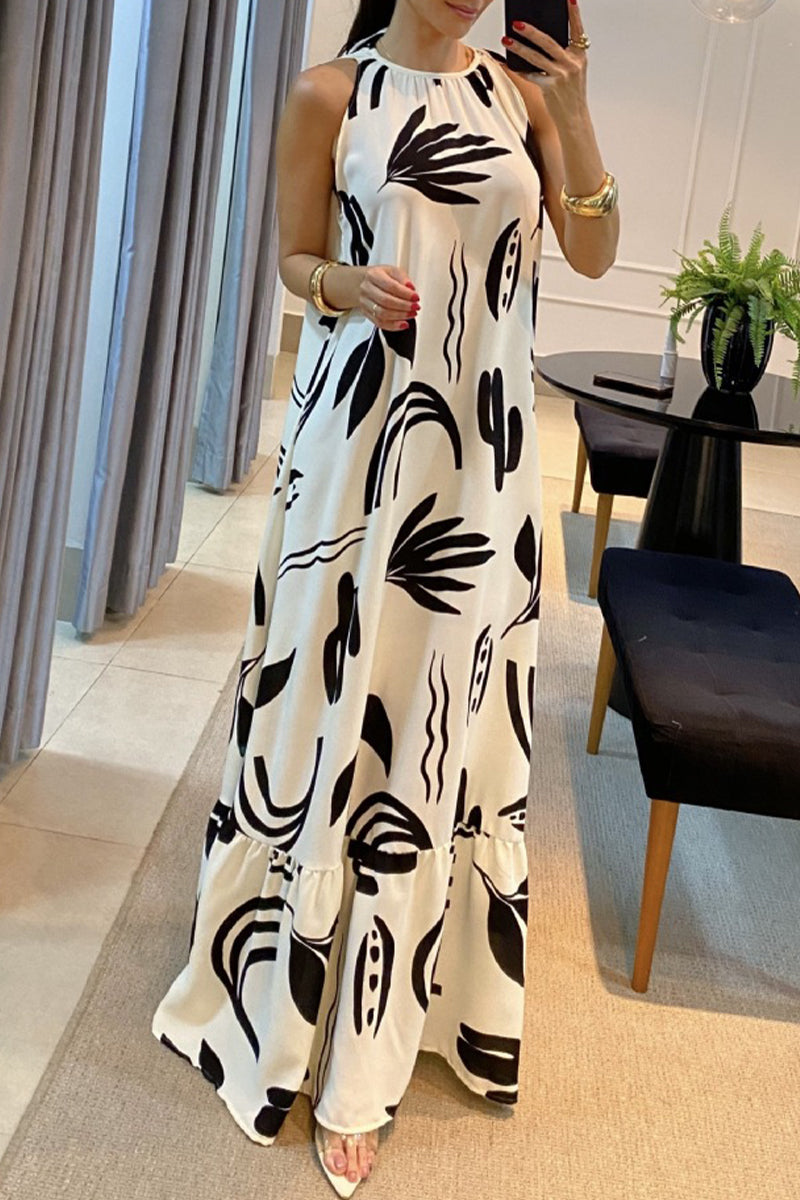 Heidi-Mode | Elegante Geometrische Druck Falten Ohne Gürtel Oausschnitt Bedruckte Kleider