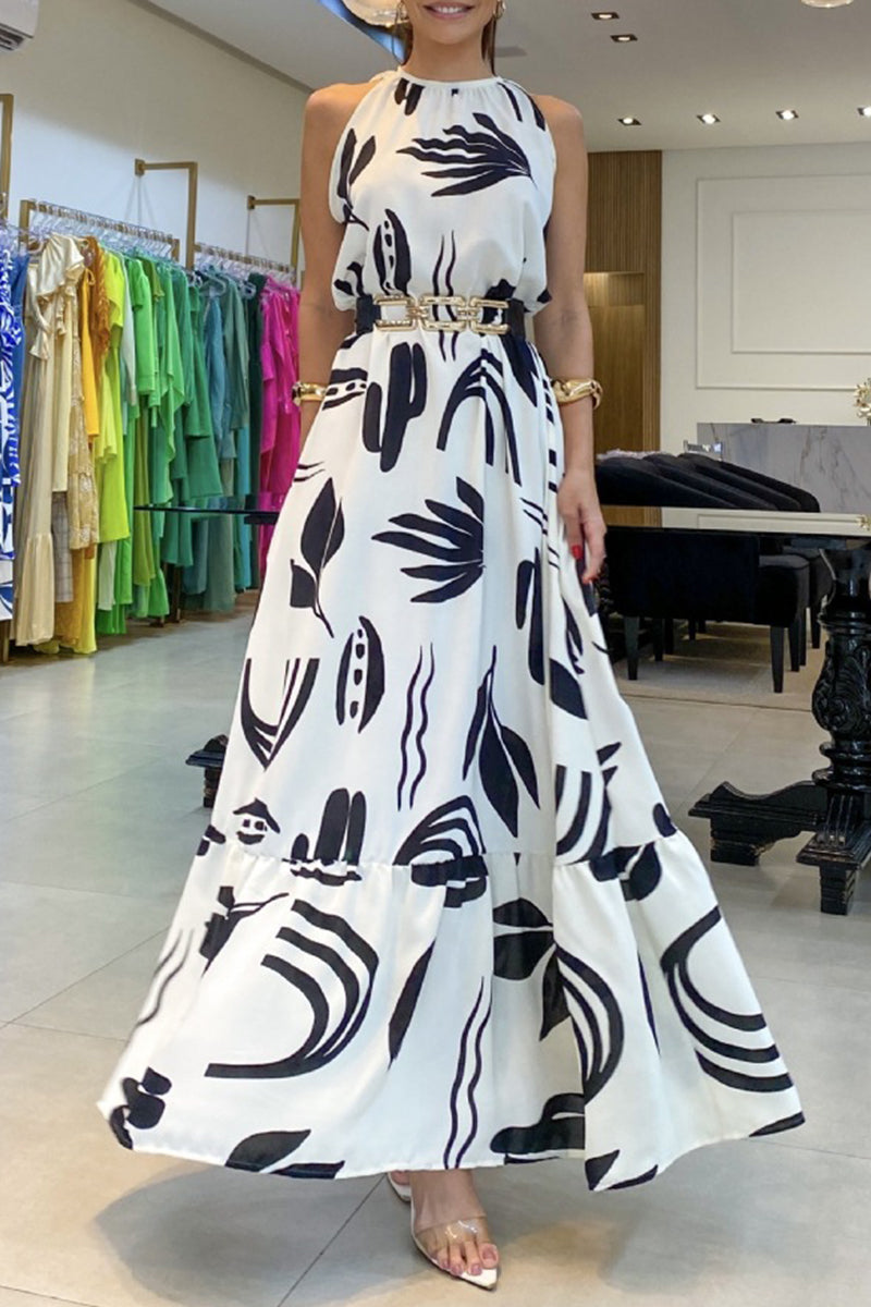 Heidi-Mode | Elegante Geometrische Druck Falten Ohne Gürtel Oausschnitt Bedruckte Kleider