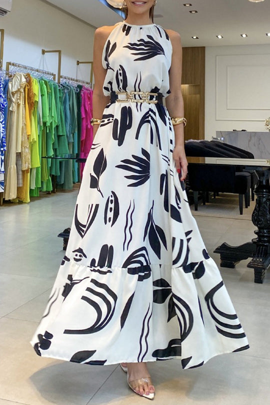 Heidi-Mode | Elegante Geometrische Druck Falten Ohne Gürtel Oausschnitt Bedruckte Kleider