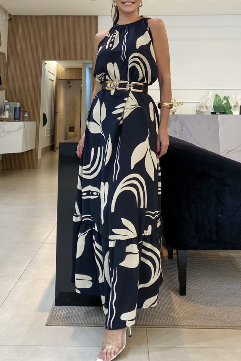 Heidi-Mode | Elegante Geometrische Druck Falten Ohne Gürtel Oausschnitt Bedruckte Kleider