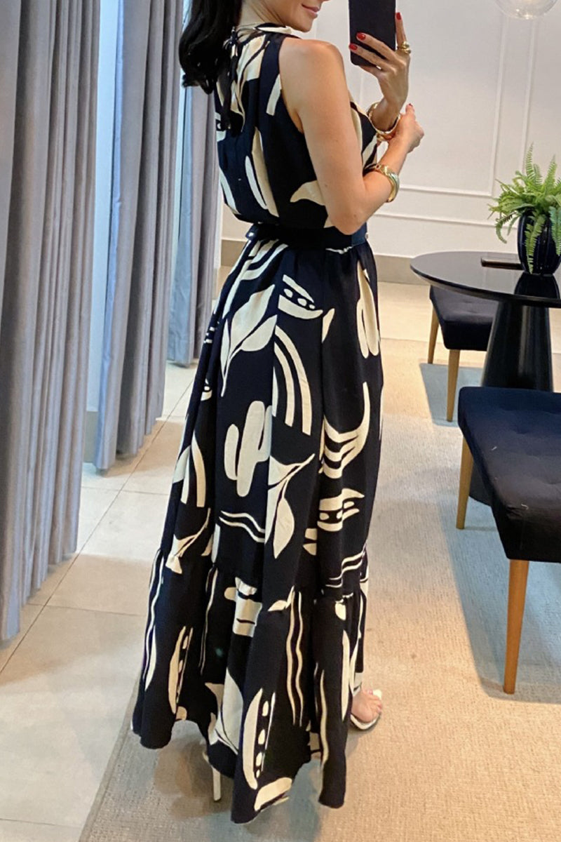 Heidi-Mode | Elegante Geometrische Druck Falten Ohne Gürtel Oausschnitt Bedruckte Kleider