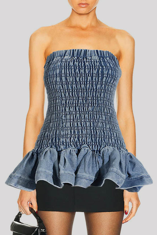 Heidi-Mode | Sexy Casual Einfarbig Rückenfrei Strapless Ärmellos Skinny Denim Tops