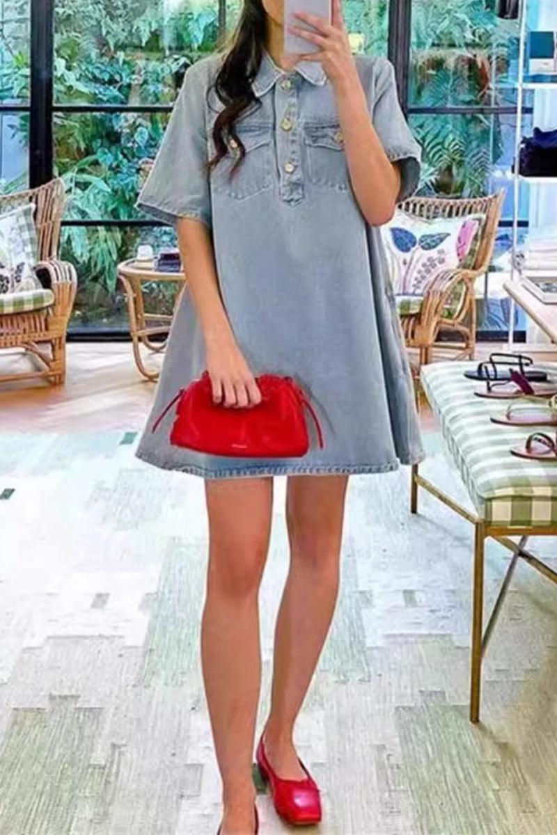 Heidi-Mode | Lässige tägliche einfarbige Knöpfe Umlegekragen Kurzarm lockere Denim-Kleider