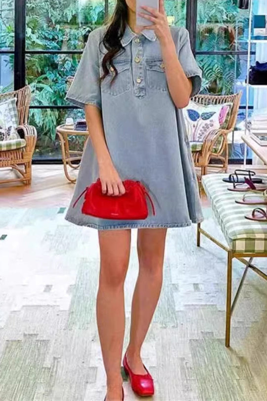 Heidi-Mode | Lässige tägliche einfarbige Knöpfe Umlegekragen Kurzarm lockere Denim-Kleider
