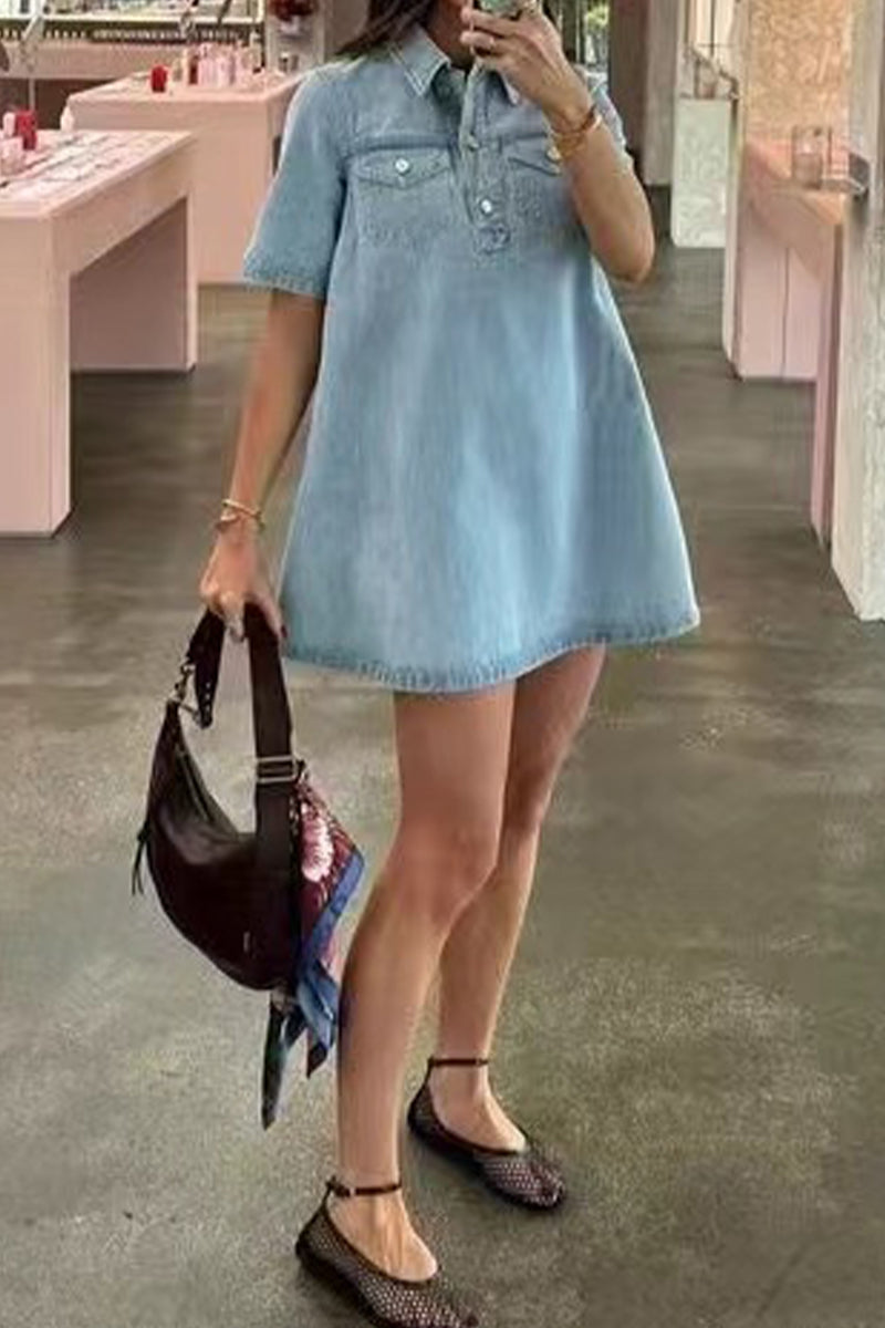 Heidi-Mode | Lässige tägliche einfarbige Knöpfe Umlegekragen Kurzarm lockere Denim-Kleider