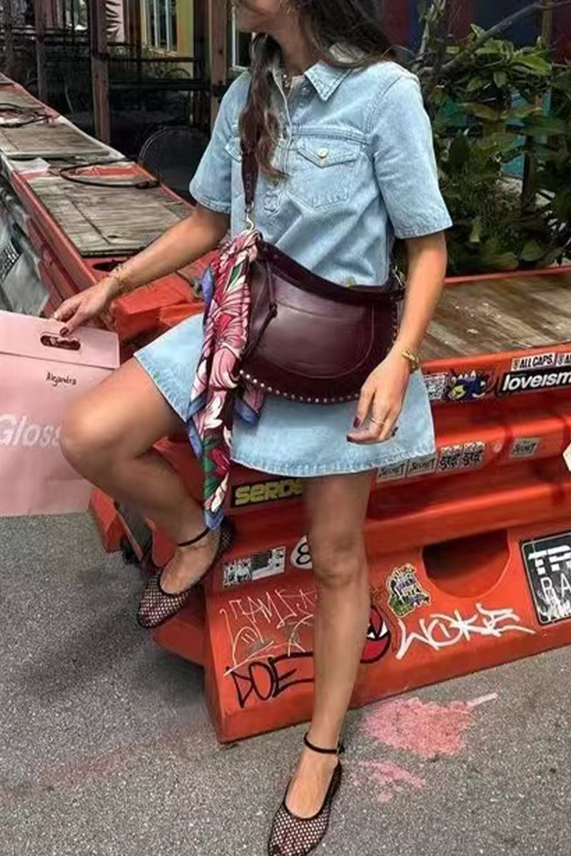 Heidi-Mode | Lässige tägliche einfarbige Knöpfe Umlegekragen Kurzarm lockere Denim-Kleider
