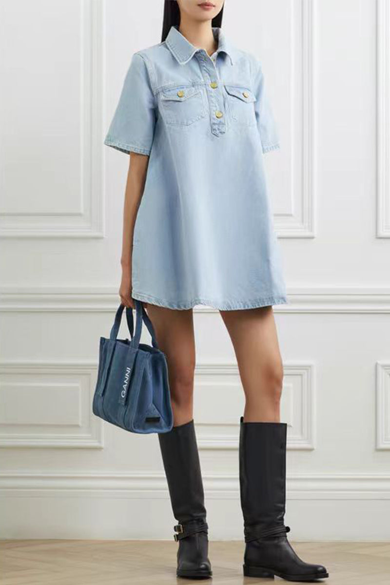 Heidi-Mode | Lässige tägliche einfarbige Knöpfe Umlegekragen Kurzarm lockere Denim-Kleider