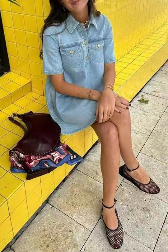 Heidi-Mode | Lässige tägliche einfarbige Knöpfe Umlegekragen Kurzarm lockere Denim-Kleider