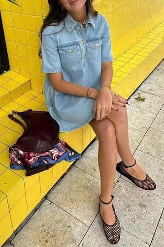 Heidi-Mode | Lässige tägliche einfarbige Knöpfe Umlegekragen Kurzarm lockere Denim-Kleider