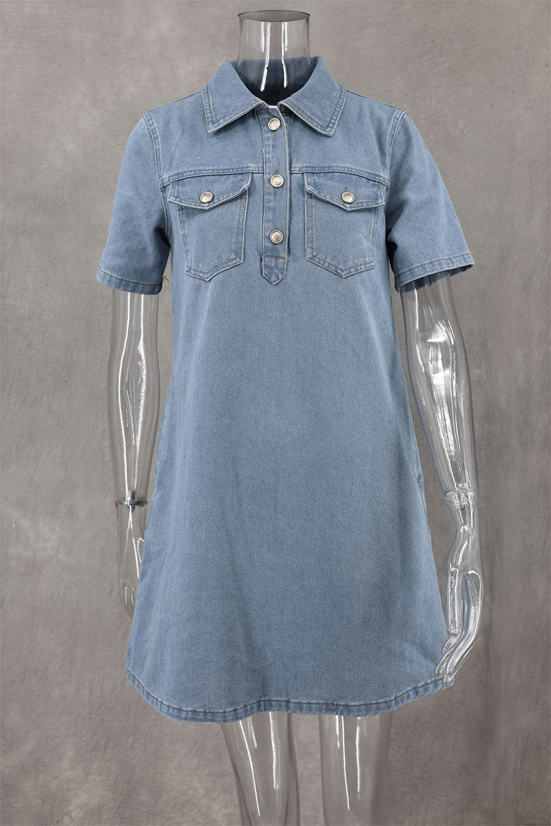Heidi-Mode | Lässige tägliche einfarbige Knöpfe Umlegekragen Kurzarm lockere Denim-Kleider