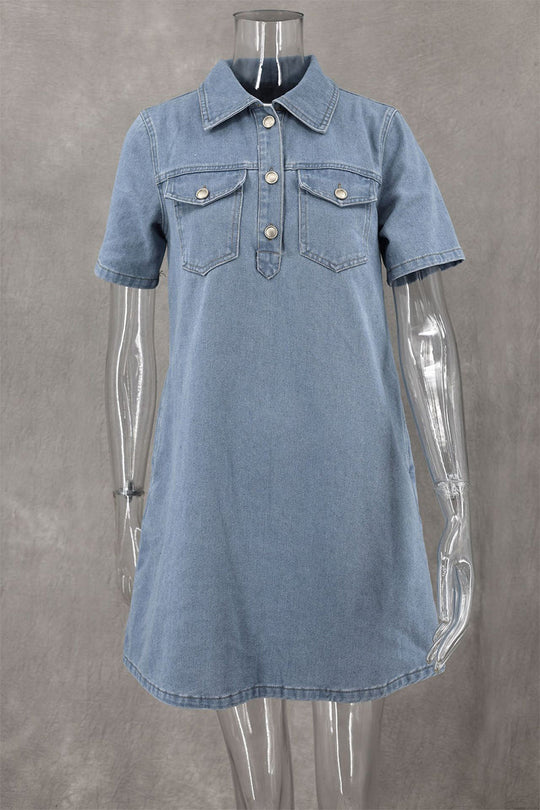 Heidi-Mode | Lässige tägliche einfarbige Knöpfe Umlegekragen Kurzarm lockere Denim-Kleider