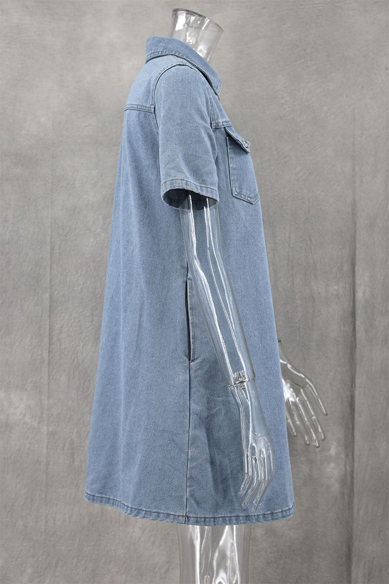 Heidi-Mode | Lässige tägliche einfarbige Knöpfe Umlegekragen Kurzarm lockere Denim-Kleider
