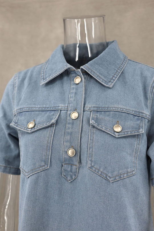 Heidi-Mode | Lässige tägliche einfarbige Knöpfe Umlegekragen Kurzarm lockere Denim-Kleider