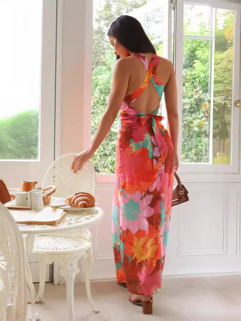 Heidi-Mode | Sexy Floral Print Lace Up Backless Strap Design V Neck One Step Rock Kleider