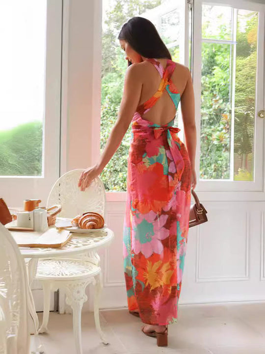Heidi-Mode | Sexy Floral Print Lace Up Backless Strap Design V Neck One Step Rock Kleider