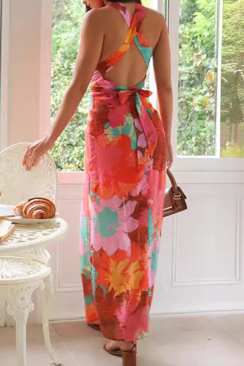 Heidi-Mode | Sexy Floral Print Lace Up Backless Strap Design V Neck One Step Rock Kleider