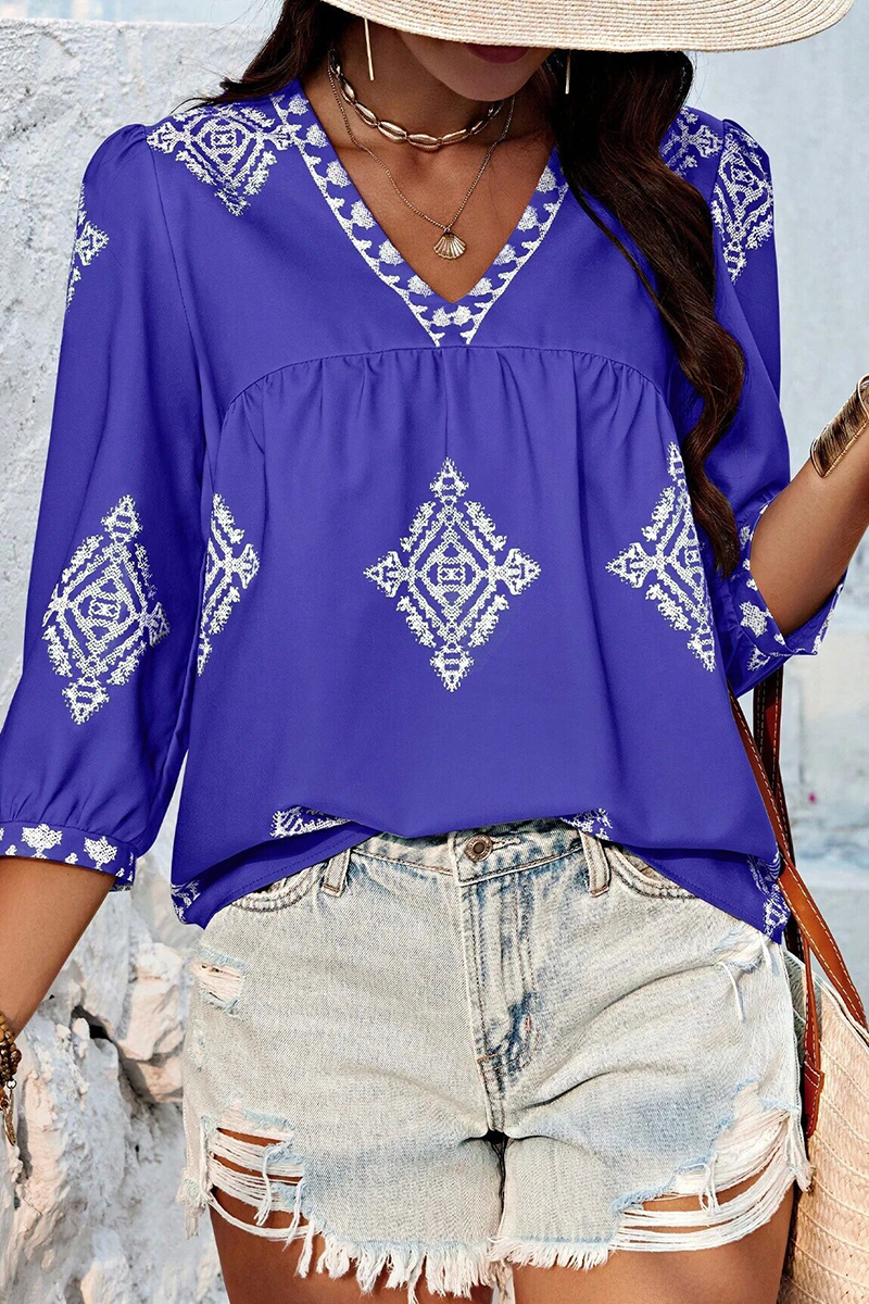 Heidi-Mode | Lässige tägliche geometrische Druck V-Ausschnitt Tops - 6 Farben