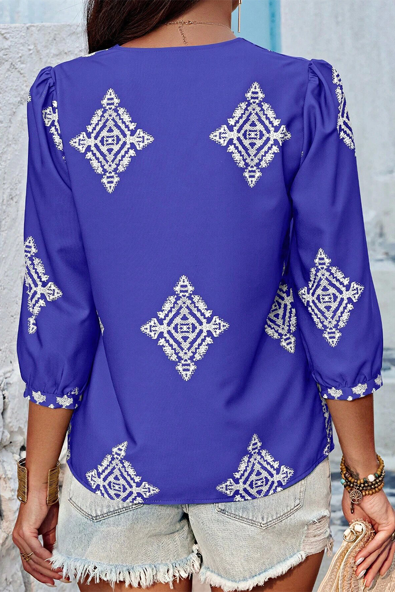 Heidi-Mode | Lässige tägliche geometrische Druck V-Ausschnitt Tops - 6 Farben