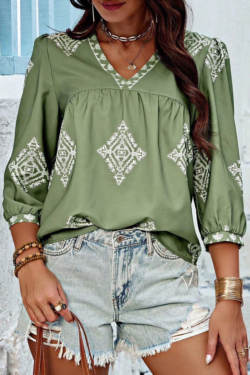 Heidi-Mode | Lässige tägliche geometrische Druck V-Ausschnitt Tops - 6 Farben