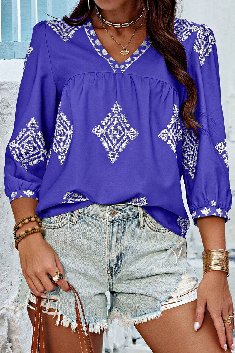 Heidi-Mode | Lässige tägliche geometrische Druck V-Ausschnitt Tops - 6 Farben
