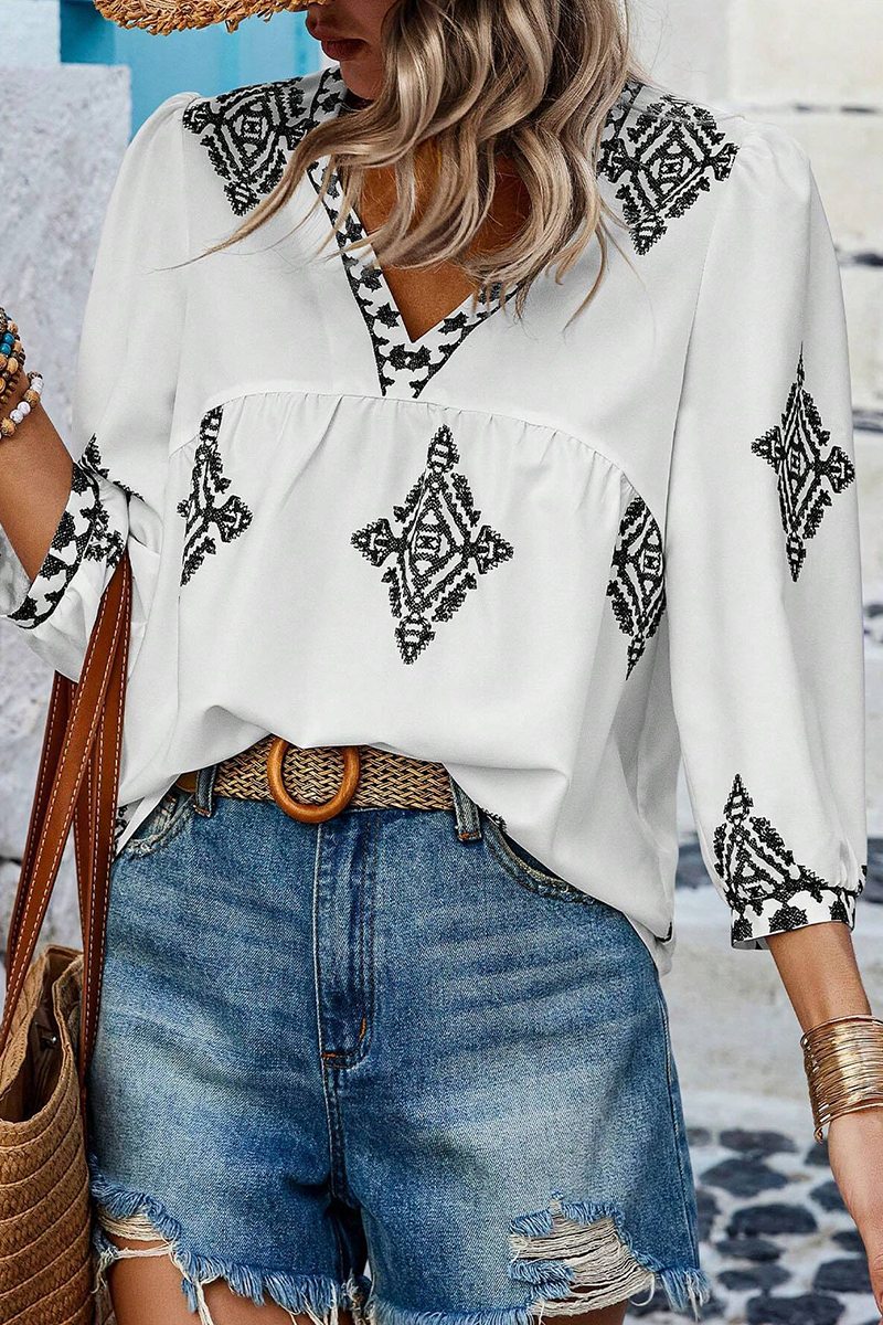 Heidi-Mode | Lässige tägliche geometrische Druck V-Ausschnitt Tops - 6 Farben