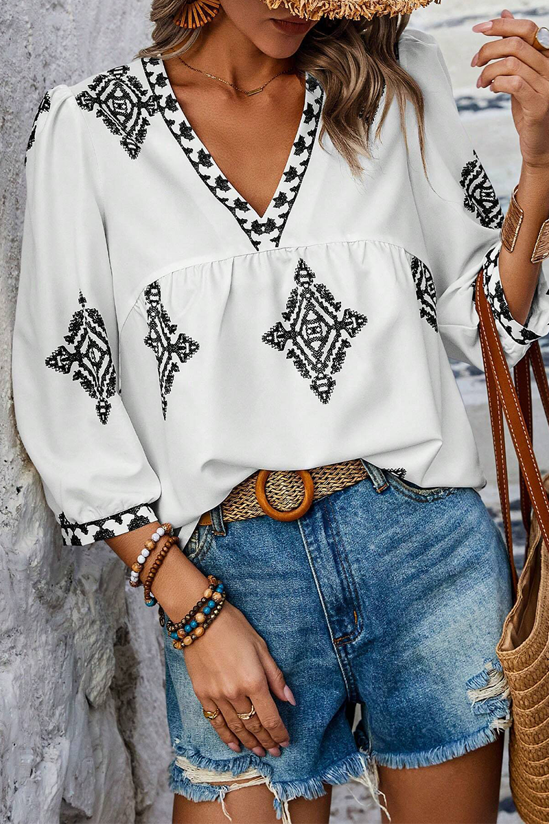 Heidi-Mode | Lässige tägliche geometrische Druck V-Ausschnitt Tops - 6 Farben