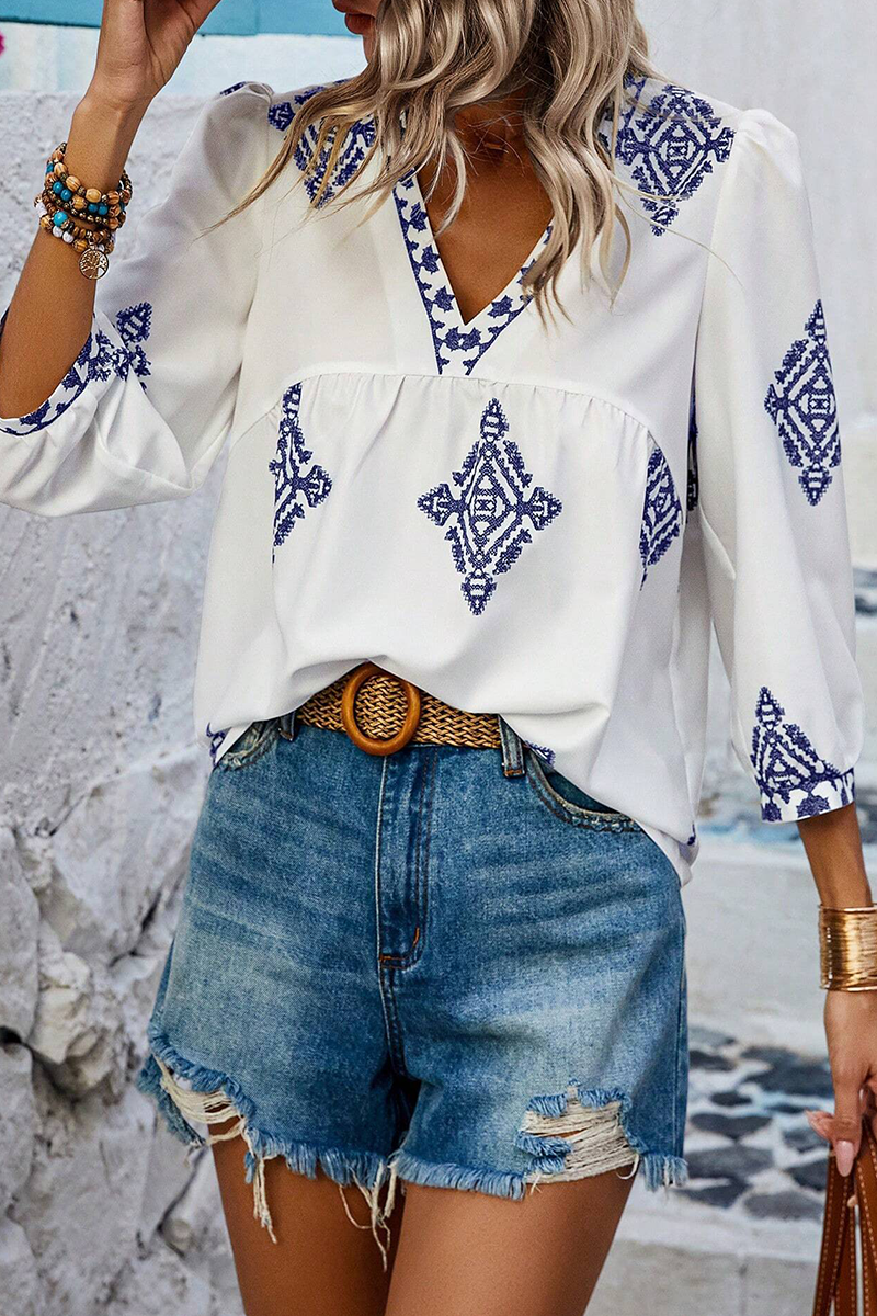 Heidi-Mode | Lässige tägliche geometrische Druck V-Ausschnitt Tops - 6 Farben