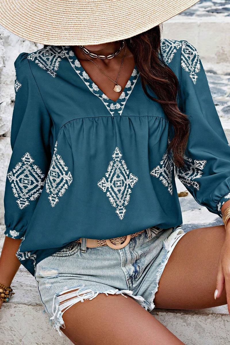 Heidi-Mode | Lässige tägliche geometrische Druck V-Ausschnitt Tops - 6 Farben
