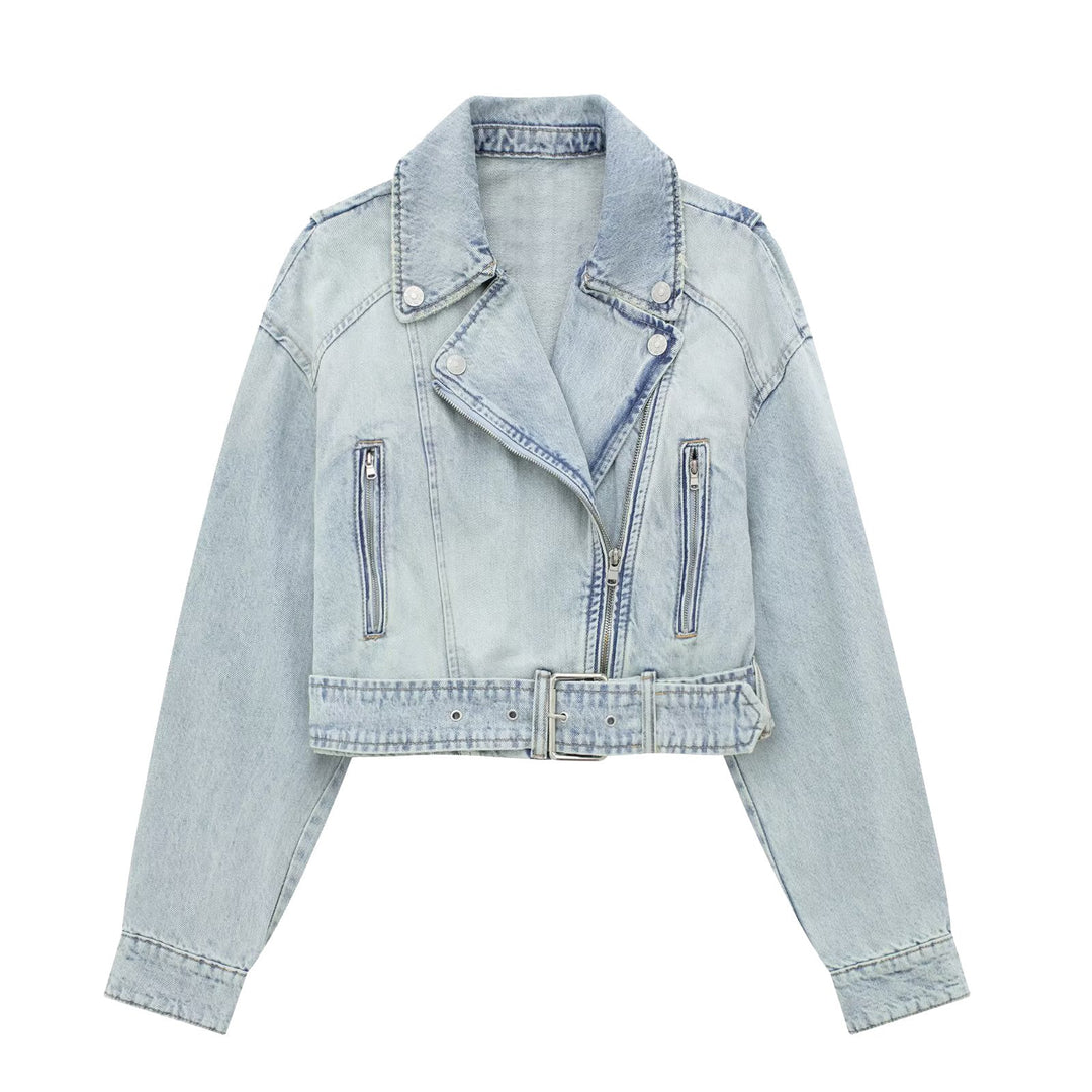 schicke kurze Jeansjacke mit Motor-Print