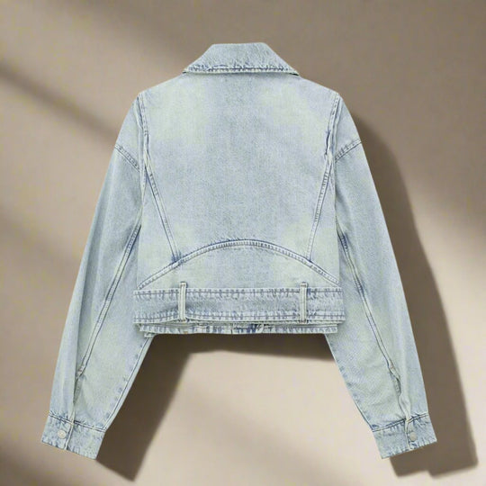 schicke kurze Jeansjacke mit Motor-Print