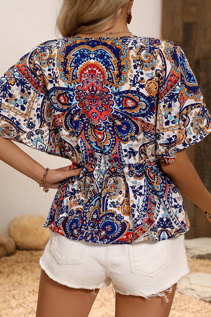 Heidi-Mode | Elegante National Totem Druck Ruffle V-Ausschnitt Blusen