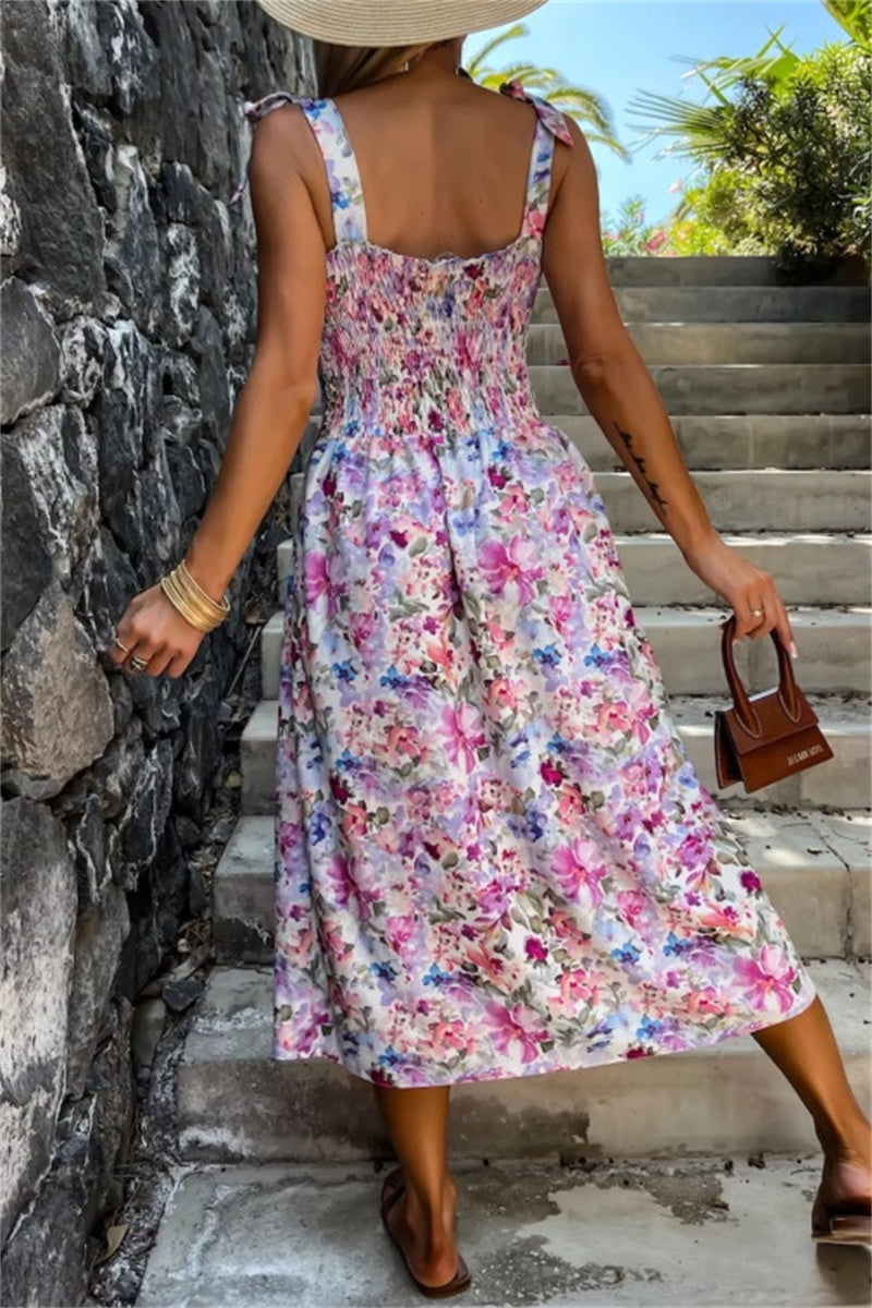 Heidi-Mode | Lässige einfarbige Blumenmuster rückenfreie Schlitzgürtel-Trägerlose ärmellose Kleider - 7 Farben