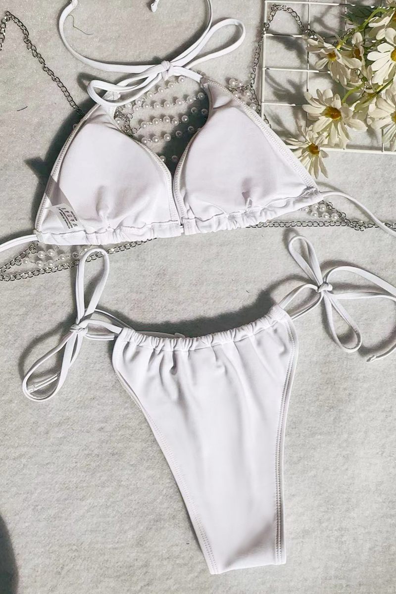 Heidi-Mode | Sexy Einfarbig Ketten Rückenlos Perlen Dekor Fluffy Badeanzug Drei-Teile Set - Mit Polsterung