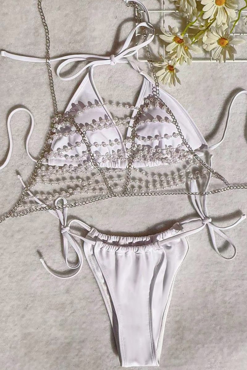 Heidi-Mode | Sexy Einfarbig Ketten Rückenlos Perlen Dekor Fluffy Badeanzug Drei-Teile Set - Mit Polsterung