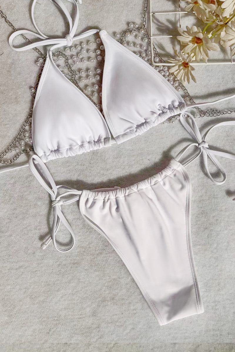 Heidi-Mode | Sexy Einfarbig Ketten Rückenlos Perlen Dekor Fluffy Badeanzug Drei-Teile Set - Mit Polsterung