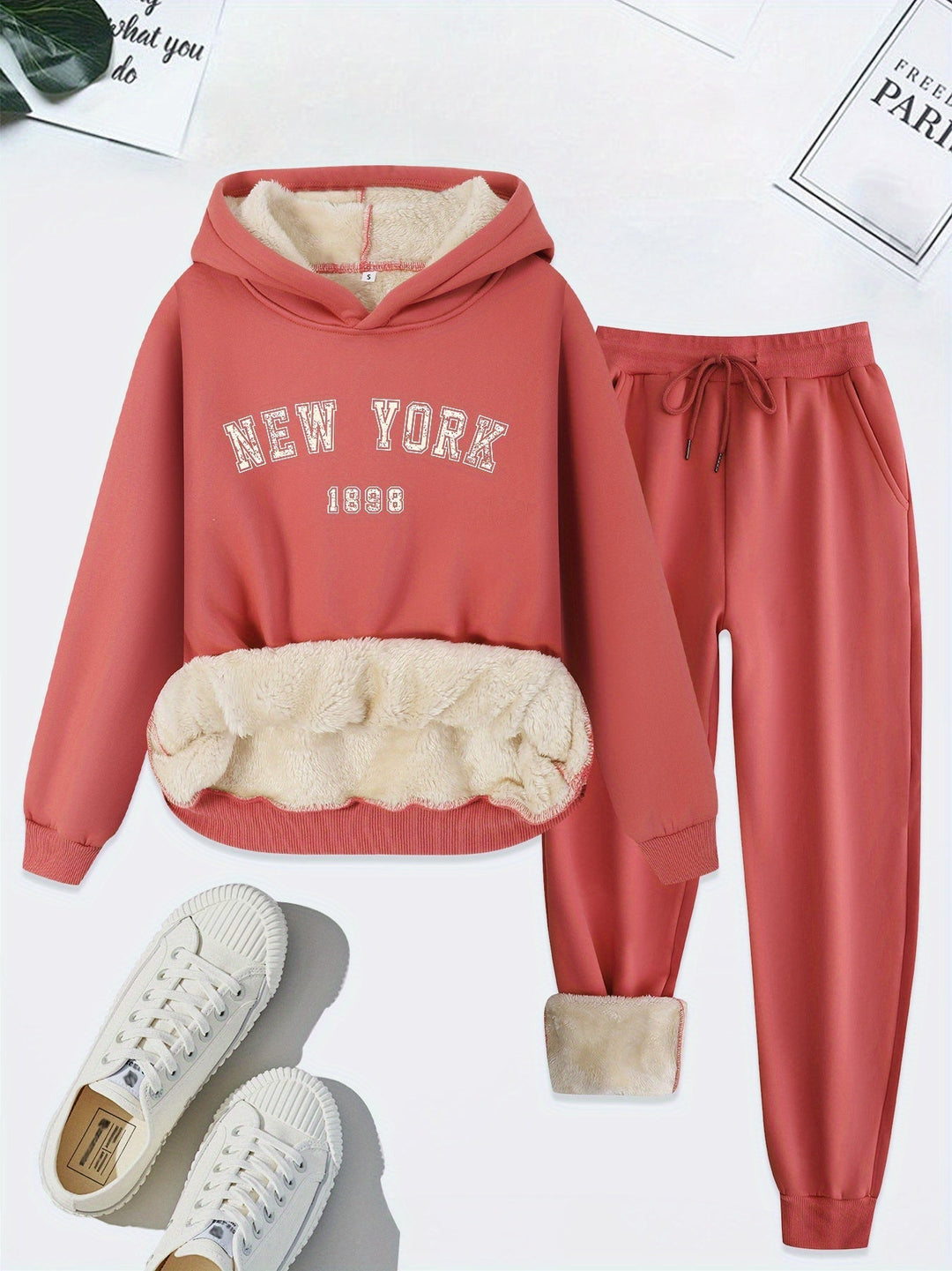 Heidi-Mode | Warmer Hoodie Und Kordelzughose Trainingsanzug Mit 'New York' Druck Für Damen