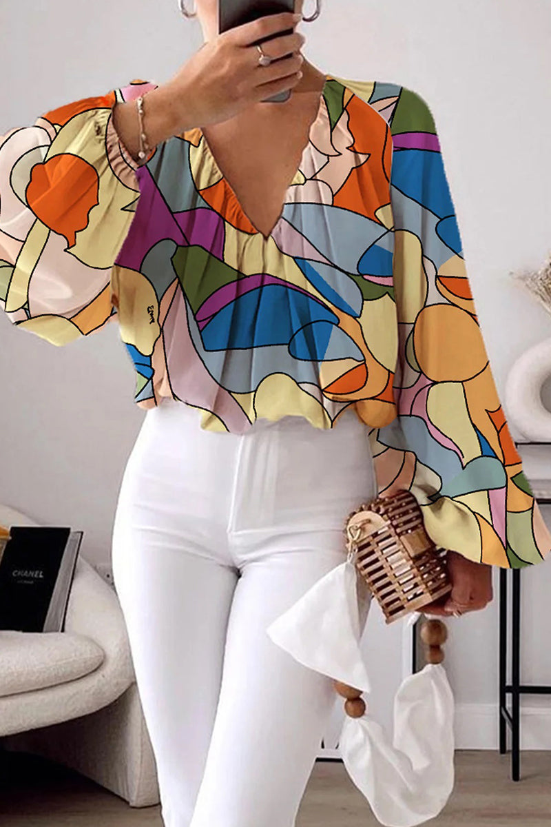 Heidi-Mode | Elegante Farbblockdruck Raffung V-Ausschnitt Tops