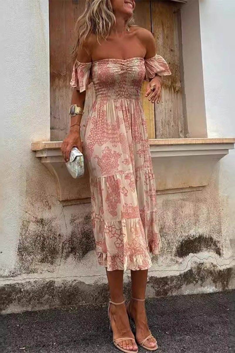 Heidi-Mode | Sexy Floral Print Patchwork Ruffle Off Shoulder Cake Rock Kleider
