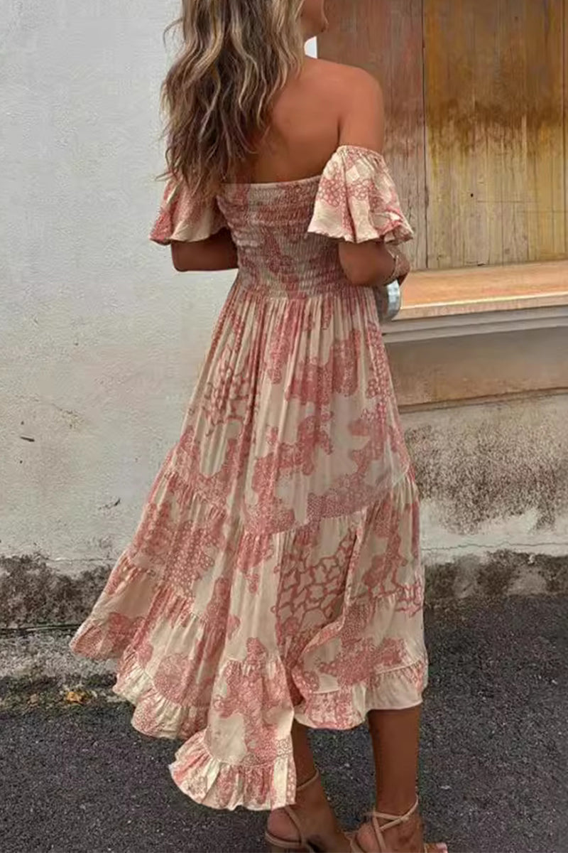 Heidi-Mode | Sexy Floral Print Patchwork Ruffle Off Shoulder Cake Rock Kleider