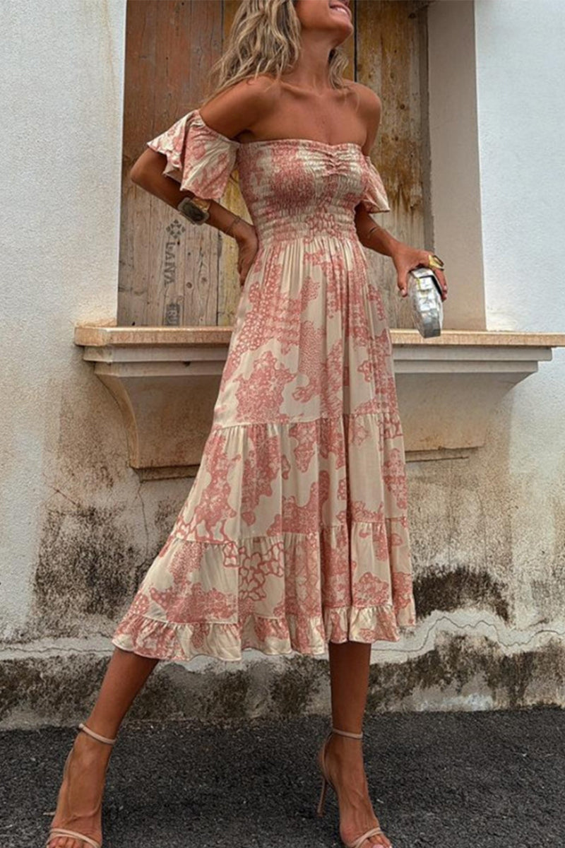 Heidi-Mode | Sexy Floral Print Patchwork Ruffle Off Shoulder Cake Rock Kleider