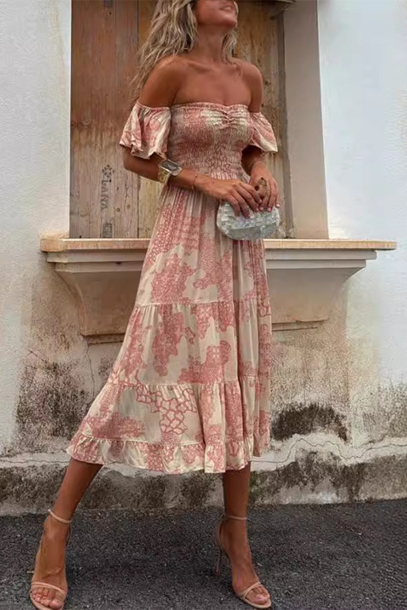 Heidi-Mode | Sexy Floral Print Patchwork Ruffle Off Shoulder Cake Rock Kleider