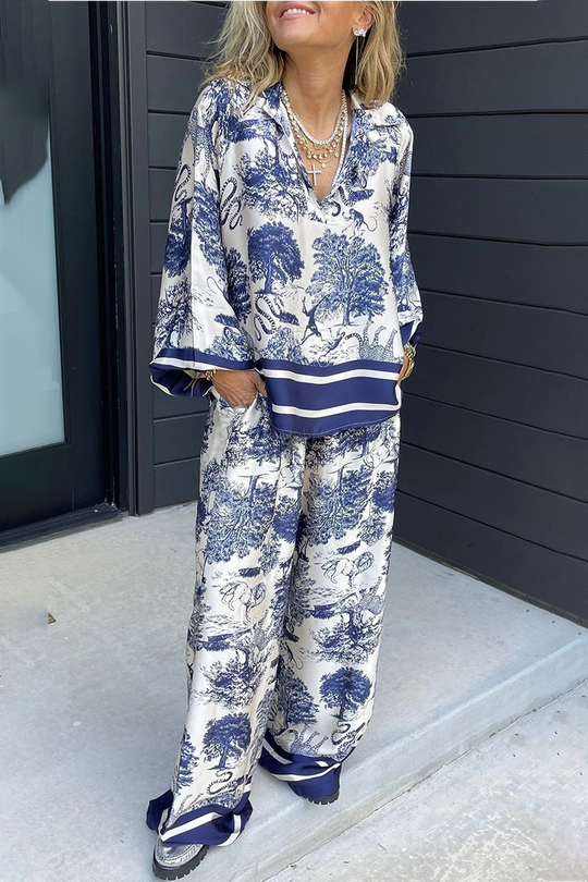 Heidi-Mode | Lässiger Street Floral Print Distressed Draw String Pocket V-Ausschnitt Langarm Zwei Teile - 8 Farben