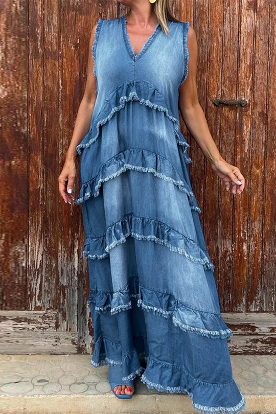 Heidi-Mode | Lässige Zerrissene Rüsche V-Ausschnitt Ärmellose Lockere Denim Kleider - 3 Farben